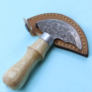 Damascus Half Moon Round Skinning Knife Leather Craft Cutter Cutting Tools