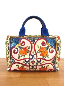 DOLCE & GABBANA Maiolica Hand Bag Blue MultiColor Canvas Leather Women used - Picture 1 of 24