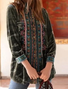 Johnny Was Samt Oversize Shirt Bluse Top Tunika Camouflage bestickt M 🎄 - Bild 1 von 5