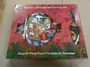 Porcelain Cake Set 12 1/2 " Plate & Server Santa and Sleigh Brand New Unsealed - Picture 1 of 13