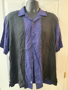 Nat Nast 100 % Seide Colorblock Kurzarm Button Down Größe Large blau/schwarz - Bild 1 von 5