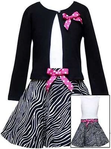 RARE EDITIONS MÄDCHEN KLEID, GRÖSSEN 4,5,6,&6X SCHWARZ/WEISS ZEBRA PRINT CARDIGAN SET - Bild 1 von 1