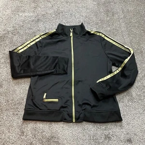 Atheltech Track Jacket Womens Large Black Full Zip Golden Yellow Striped Pocket - Picture 1 of 9