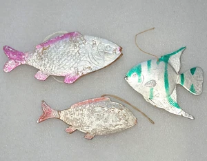 3 Antique Vintage Dresden Cardboard Christmas Ornaments Tree Decoration Fishes - Picture 1 of 7