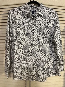 Lands End Womens Button Up Shirt White Black Floral Supima Cotton Size 16P NWOT - Picture 1 of 8