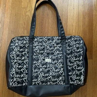 Luv Betsey Johnson Black White Quilted Travel Weekender Duffle Bag Luggage Tote - Image 1 of 4
