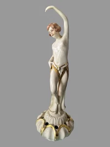 Vintage Art Nouveau Deco Gilt Decorated 11" Figural Maiden Flower Frog Statue - Picture 1 of 7