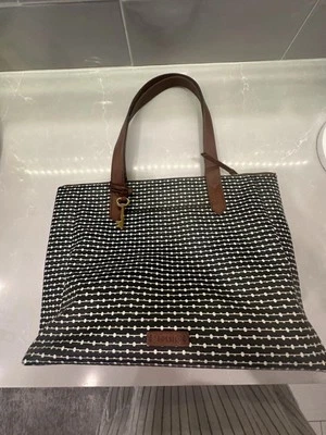 FOSSIL Gemma Black/ Ivory Dot Stripe Large Tote  Bag & Purse As Is - Image 1 of 4