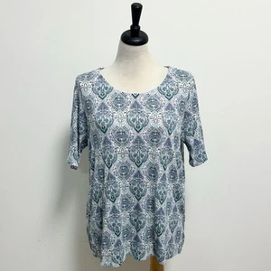 J Jill White Black Pima Slub Scoop Neck Elbow Sleeve Damask Print Tee Large New - Picture 1 of 10