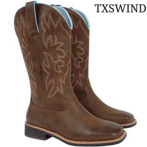 Txswind Wide Calf Western Cowgirl Cowboy Boots Wide Square Toe Boots Brown US 8 - Picture 1 of 5