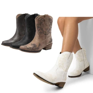 Women Cowboy Booties Low Heel Close Square Toe Western Side Zipper Ankle Boots - Picture 1 of 36