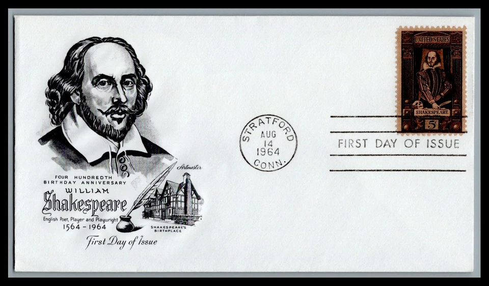 US FDC # 1250 5c William Shakespeare  Artmaster  1964, 9L371 - Image 1 of 1