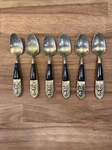 Vintage Siam Thai Brass Wood Handle 5.5” Tea Spoon Set Of 6 Buddha - Picture 1 of 9