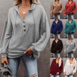 Womens Long Sleeve Sweatshirt Blouse Ladies Button V Neck Hoodies Tops Plus Size - Picture 1 of 9