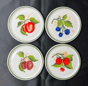 Vtg Faux Needlepoint Round Ceramic Colorful Fruit Coaster Set 3.25” Brasil 4 Pcs - Picture 1 of 12