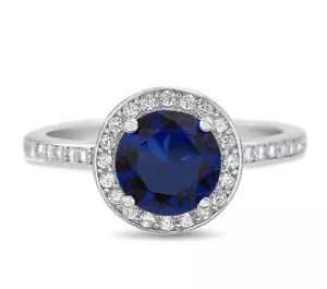 Anello a fascia argento sterling aureola zirconi centro zaffiro blu misura 7 NUOVO - Foto 1 di 3