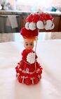 Vintage Safety Pin Doll-Red Beaded Dress & Hat Blonde Hair w Umbrella