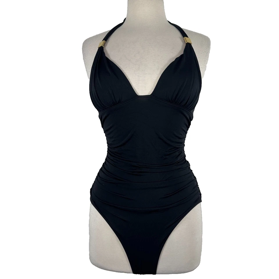 Traje de baño Victoria’s Secret negro de una pieza halter talla pequeña acanalado Foto 1 de 4