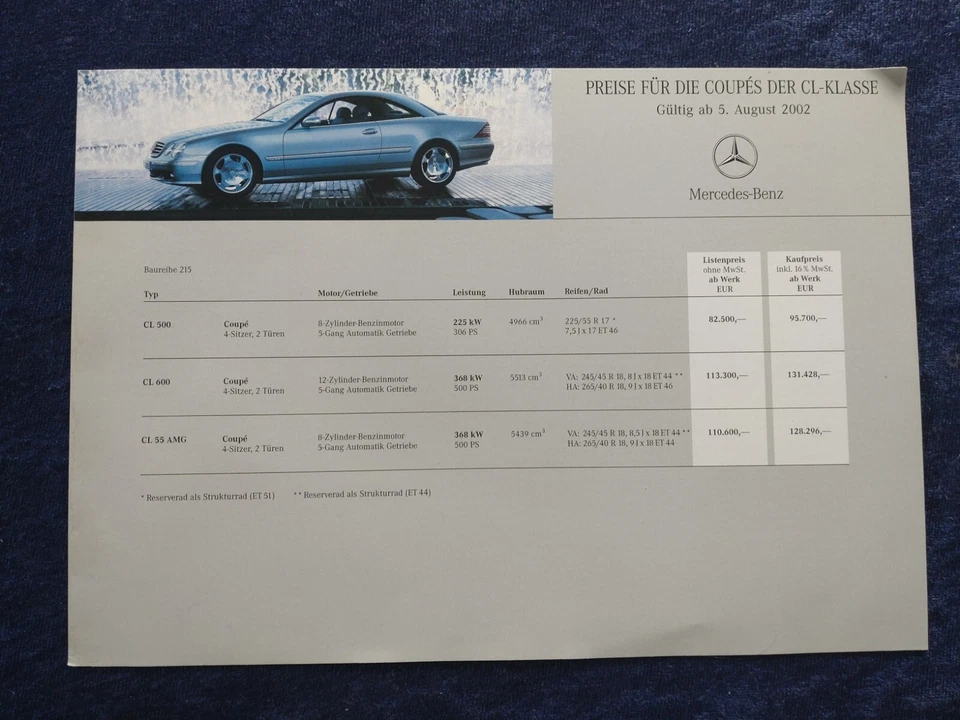 MERCEDES CL Coupe CL 500 CL 600 CL 55 AMG Preisliste 28.01.2002 Foto 1 de 1