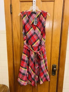 Ralph Lauren v-neck belted sleeveless plaid pink multi dress NWT size 16 $145.00 - Picture 1 of 6