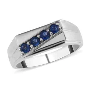 0.60ctw Kanchanaburi Blue Sapphire Mens Ring Platinum Plated Sterling Size 10 - Picture 1 of 5
