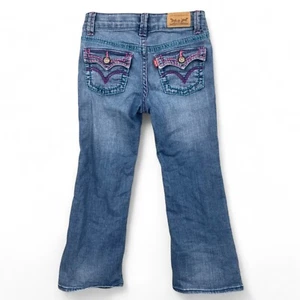 Levi's Boot Cut Denim Jeans Blue Pink Stitching Flap Pockets Adjustable Waist 5 - Picture 1 of 8