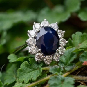 14K White Gold Finish 3CT Oval Cut Real Blue Sapphire Floral Style Wedding Ring - Picture 1 of 5