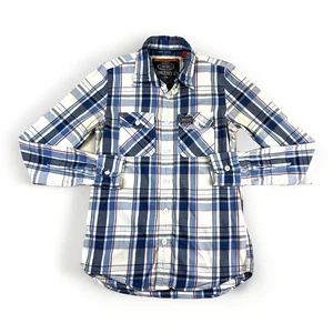 Superdry Men’s M Plaid Flannel Western Style Shirt Blue White Red Logo Pockets - Picture 1 of 12