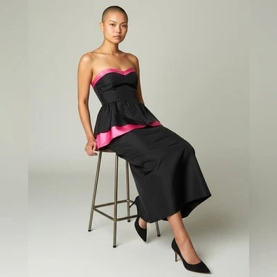 Vintage Karin Hamlen 1950s Strapless Black & Fuchsia Satin Peplum Cocktail Dress - Image 1 of 4