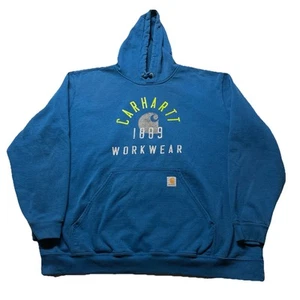 Carhartt Hoodie Men’s 2XL Blue Green Pullover Logo Heavyweight Workwear Dad Y2K - Picture 1 of 9