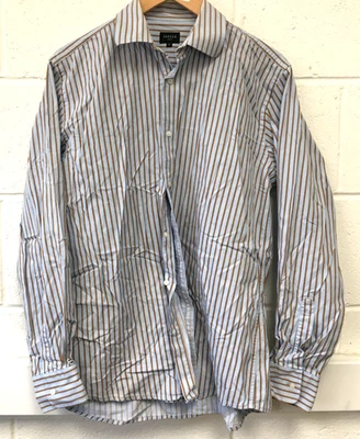 Camisa de manga larga vintage Jaeger para hombre azul polvo marrón a rayas talla 16" Foto 1 de 4