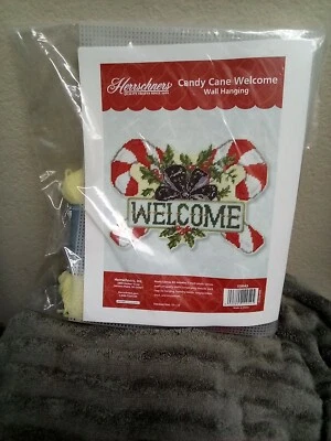 New Herrschners Candy Cane Welcome Wall Hanging Plastic Canvas Kit Holiday Craft - Image 1 of 3