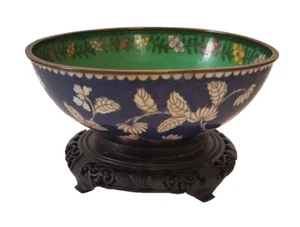 Antique Chinese Brass Cloisonne Bowl 8" Diameter on TLC Carved Wood Base - Picture 1 of 16