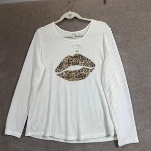 Cato Shirt Women Large White Waffle Knit Leopard Lips Pullover Scoop Neck Casual - Picture 1 of 12