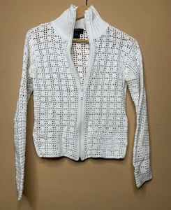NY Based Women Size Medium Sweater Cardigan Zip Front White Crochet Long sleeve - Picture 1 of 21