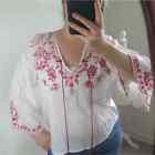 New Shasha white v-neck pink embroidered floral design tassel top sz medium boho