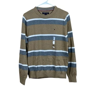 NWT Tommy Hilfiger Tan Gray White Black Striped Crew Neck Sweater Men’s Sz S NWT - Picture 1 of 6