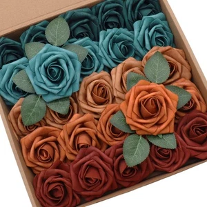Artificial Flowers 25pcs Teal & Burnt Orange Ombre Color Foam Roses with Stem... - Picture 1 of 4