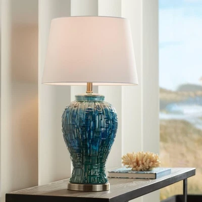 Asian Modern Table Lamp 27 Tall Teal Glaze Textured Ceramic Temple Jar White Tap - Image 1 of 4