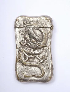 1930's Japanese Silver Plated Match Holder Safe Box Case Dragon Iris Flower - Picture 1 of 7