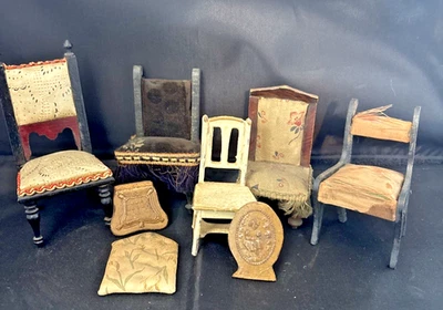 Lote sillas alemanas antiguas de madera y tela Biedermeier + miniatura para casa de muñecas Foto 1 de 4