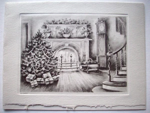 Tree by fireplace steel engraving vintage Christmas Greeting Card *WW21 - Picture 1 of 3