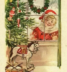 Young Boy Looking In Window Tree Wreath Candy Cane Drum Horse Christmas 5476 - Picture 1 of 3