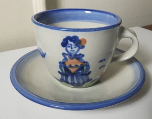 M.A. Hadley COUNTRY SCENE BLUE Farmer's Wife 3" Tall Cup & Saucer - Picture 1 of 3