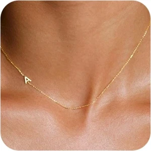 Initial Necklaces for Women, Dainty Gold Letter Necklace 14K Gold Plated Sideway - Picture 1 of 12