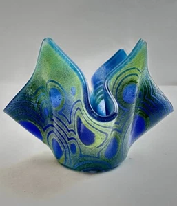 Roxy Kay Art Glass Handkerchief Vase Votive Holder Green And Blue Mod Signed - Picture 1 of 21