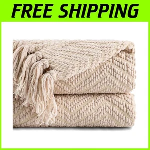 Soft Beige Knitted Throw Blanket - 60x80" Cozy Home Decor - Picture 1 of 11