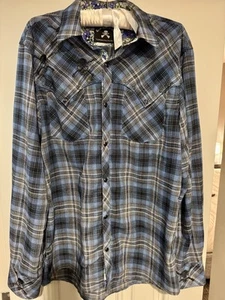 Rock Roll N Soul Shirt Plad Snap Button Long Sleeve Blue Black L Large Skull - Picture 1 of 9