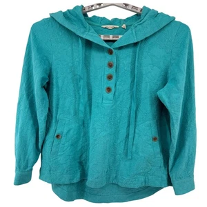 Soft Surroundings Womens Teal Blue Embrodered Floral Textured Hoodie L Pullover - Picture 1 of 14