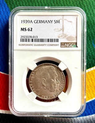 NGC MS 62 1939 A 5 marcos alemán Segunda Guerra Mundial moneda de plata Tercer Reich Reich Reichsmark Foto 1 de 2